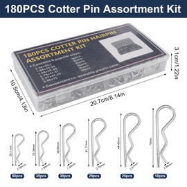 Pack of 180 Cotter Pins Assortment R Clips Set, Stainless Steel Spring Cotter Pins, Spring Pins Assortment, 6 Sizes, Galvanised Safety Cotter Pins, Retaining Spring Coupling Cotter Pins, for Tractors,