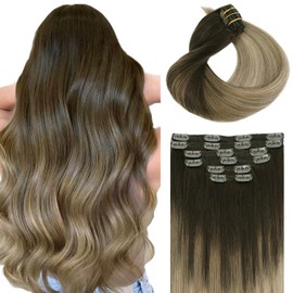 SAFIRENY Clip in Hair Extensions Real Human Hair 6pcs 100g 16 Inch Balayage Dark Brown To Dirty Blonde Double Drawn Clip in Hair Extensions for Women (#2/6/18, 16")