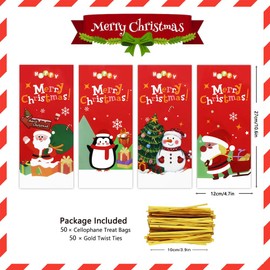 Christmas Candy Treat Bags, 50 Pcs Goodie Bags, 4 Style Santa Claus Snowman Penguin in Red Cellophane Gift Bags with Gold Twist Ties for Christmas Party Birthday Holiday