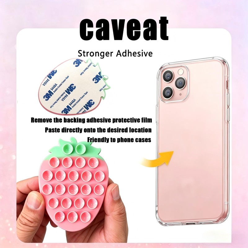 Silicone Phone Grip with Strong Suction, Strawberry Design, Pink Green