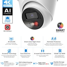 4K 8MP Turret PoE IP Outdoor/Indoor Camera with Dual Mic, Smart Hybrid Light, 98ft Smart Night Color, AI VCA, Human/Vehicle Detection, Full Metal IP67, 2.8mm 127° Wide Angle Lens,Hik-Connect/iVMS-4200