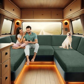 SYLC Covers for Caravan Upholstery Jacquard, Non-Slip Motorhome Seat Covers with 2 Corduroy, Sofa Seat Cushion Cover for Protective Cover, Caravan Upholstery (Green, W 94-122 cm, D 26-40 cm)