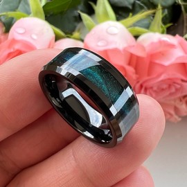 TUTISS 8mm Black Tungsten Rings for Men Women Blue Green Flowing Sand Inlay Engagement Promise Wedding Band Beveled Polished Shiny Comfort Fit Size 7.5