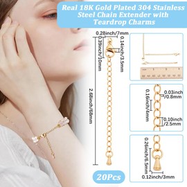 Beebeecraft 1 Box 20Pcs Curb Chain Extender 18K Gold Plated 304 Stainless Steel 2.68in Teardrop End Extension Chains with Lobster Claw Clasp for Necklace Bracelet Anklet Jewelry Making DIY Craft