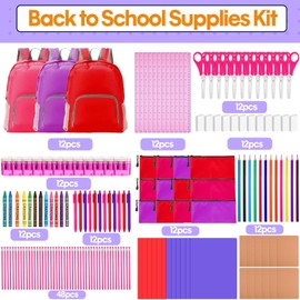 Dansydaisy 12 Sets 180 Pcs Bulk Backpacks with School Supplies Back to School Donations Bulk Essentials Includes Backpacks Notebooks Pencils Rulers Crayons Erasers Scissors and More(Bright Color)