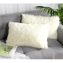 Uhomy 2 Packs Fall Winter Home Decorative Fluffy Plush Pillow Cover 12"x20", Luxury Soft Fluffy Artificial Fur Throw Pillow Case Cushion Cover Fluffy Double Side Fur for Sofa Bed, Cream 30x50 cm