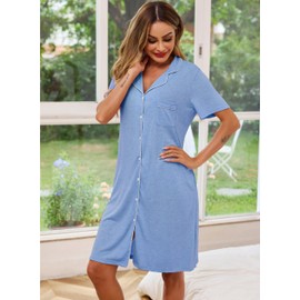 Lovasy Cotton Nightdresses for Women UK Lapel Button Down Nighties for Women Classic Boyfriend Style Nightshirts Soft Ladies Nighty Short Sleeve Night Dress Women UK with Pockets,Light Blue,M