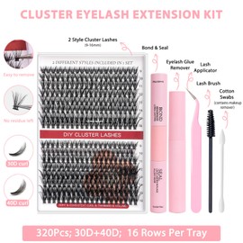 320Pcs Wimpern Extensions Set Lash Cluster Einzelne DIY Wimpernextension Individual Verlängerungsset Eyelash Aylashes Starterset von Unten Kleben Anfänger Wimpernverlängerung Anime Manga Kit 9-16mm