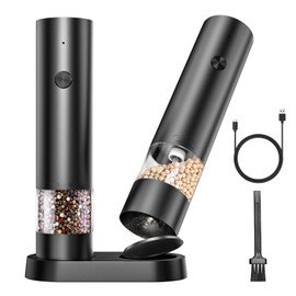 Electric Salt and Pepper Grinder Set, Rechargeable Automatic Salt Pepper Shakers Mills, Adjustable Coarseness Easy Filling with Base&Cover, for Kitchen Outdoors Gift- 2 Packs, Black