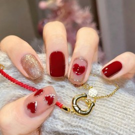 Red Press on Nails Valentinese Day Fake Nails Short Square False Nails with Gold Glitter Design Heart Acrylic Nails Full Cover Glue on Nails Cute Artificial Nails Glossy Stick on Nails for Women Girls