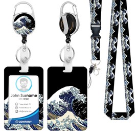 BUDUOZHI ID Badge Holder with Lanyard, Retractable Badge Reel with Swivel Belt Clip, Art Great Wave Breakaway Lanyard Name Card Tag Vertical ID Protector Badge Clip, Nurse Teacher Office Gifts