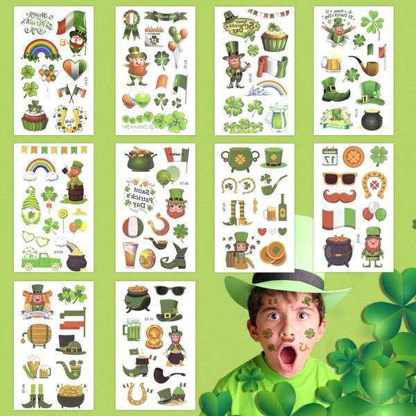 AOYOO St. Patrick's Day Temporary Tattoos, Shamrock Patterned Stickers for Kids, 20 Pieces