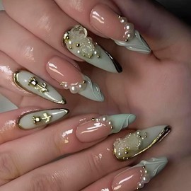 IMRAIN Press on Nails Long Stiletto Fake Nails Green French Tip False Nails with Floral & Golden Edge Designs Artificial DIY Nail Supplies Glossy Glue on Nails for Women Flower Stick on Nails