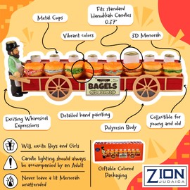 Zion Judaica Bagels and Lox Menorah - Merchant and Sandwiches Cart Collectible Candle Menorah - Fits Standard Size Hanukkah Candles