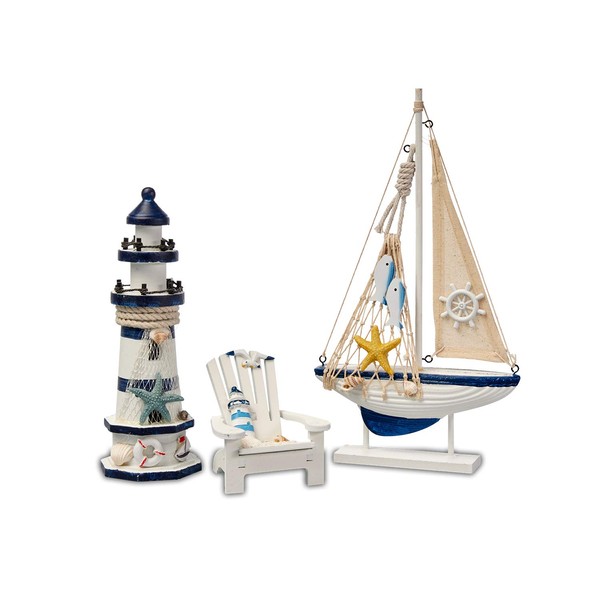 Flanacom Maritime Bathroom Decoration, Set of 3: Lighthouse, Sailing Ship and Beach Chair Made of Wood, Lovingly Designed Bathroom Accessories with Details