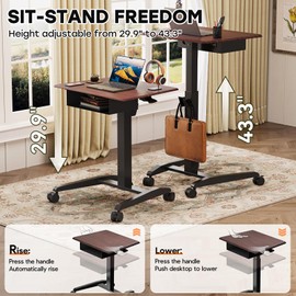 JOY worker Height Adjustable Rolling Laptop Desk with Shelf,Mobile Standing Desk,Pneumatic Mobile Laptop Table with Wheels for Couch Home Office School,Holds Up to 22lbs,Dark Walnut