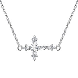 Ruthes Sideways Cross Necklace for Women Sterling Silver CZ Cubic Zirconia Pendant Necklaces Sparkling Dainty Easter Jewelry Easter Gifts for Daughter Birthday,16+3inches Necklace Chain