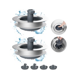 Hibbent 2 Pack 3 in 1 Kitchen Sink Drain Strainer and Stopper Combo, Chrome Stainless Steel Wraped Shell, 6 Anti-Clogging Basket Strainer with Foldable Handle for US Standard 3-1/2" Drain