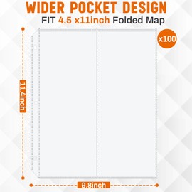 Affrolling 100 Pcs 2-Pocket Folded Map Sleeves, Map Protector, Page Protectors for 3 Ring Binder, 4.5" x 11" Pockets, Brochure Holder, Photo Sleeves, Sheet Protectors, Postcard Sleeves