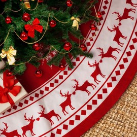 SHOUS Falda de Árbol de Navidad Rojo, 120CM Tela navideña Falda, Diseño de Copos de Nieve y Alce Reno Decoracion, Navidad árbol Pie para Decoraciones de Navidad, Fiestas, Decoración del Hogar