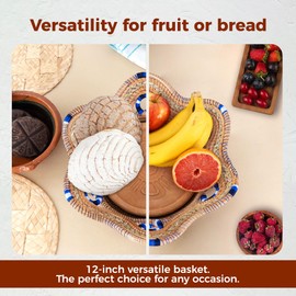 Axcento Fruit Basket/Bread Warmer Set - 12-inch Handmade Pine Needle Basket, Natural Clay Stone Warmer, Large Microwave-Safe Towel. Fruit, Roti, Naan, Bread | Made in Mexico (Blue)