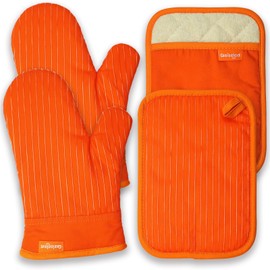 Coziselect Oven Mitts Orange, Orange Oven Mitts and Pot Holders Set, Heat Resistant Oven Mit Gloves Hot Pads for Kitchen Cooking Grill, 4 Piece Set