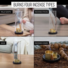 4 in 1 Ceramic Incense Burner with Glass Ash Catcher, Incense Holder for Sticks, Palo Santo, Sage and Cones - Ceramic Ash Catcher Tray for Meditation Yoga Room Home Decor - Black