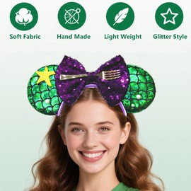 Princess Mouse Ears Headband: Ocean Starfish Green Ears with Giltter Sequin Bow Hairband for Adult Women Girls Mouse Hawaii Themed Birthday Party Cosplay Park Ears Party Decoration