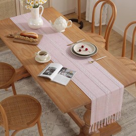 meioro Rustic Table Runner with Tassels, 33 x 220 cm, Country House Style, Boho Table Runner, Braided Striped, Linen Polyester Table Decoration for Dining, Party, Holiday and Wedding (Pink)