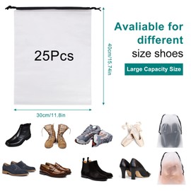COSHEHKG 25Pcs Shoe Bag for Travel, Shoes Organizer with Rope Clear Travel Winter Storage Bag Packing Waterproof Space Saving Drawstring Pouch for Women Men