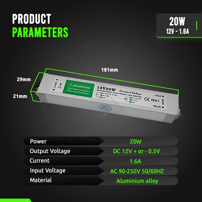 Kawayy LED Driver, IP67 Waterproof, 12V 20W, 90-264V AC, 12.5A,