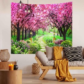 CHENGOR Tree Flower Tapestry Forest Path Red Cherry Blossom Wall Hanging Tapestry Living Room Bedroom Dorm Man Cave Background 150x100cm
