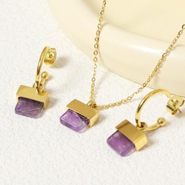 TaYolnFaSo Natural Stone Necklace and Earrings Set for Women 18K Gold Plated Real Gemstone Healing Jewelry Set Gift for Mother Wife, Stainless Steel, Amethyst