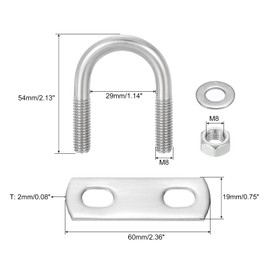QUARKZMAN Set of 8 U Bolts M8 x 27 mm ID x 54 mm Length Round U U-Bolt Stainless Steel 304 Clamp Clamps U Bolt with Thread Nuts Frame Plate Washer for Pipe Mounting