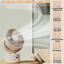 SYBOYEGE 3-Speed USB Desktop Fan with 3600mAh Battery | Quiet Bionic Feather Blades, 140° Tilt & Auto Shake | Portable Cooling for Home, Office Fan, Camping (Beige)