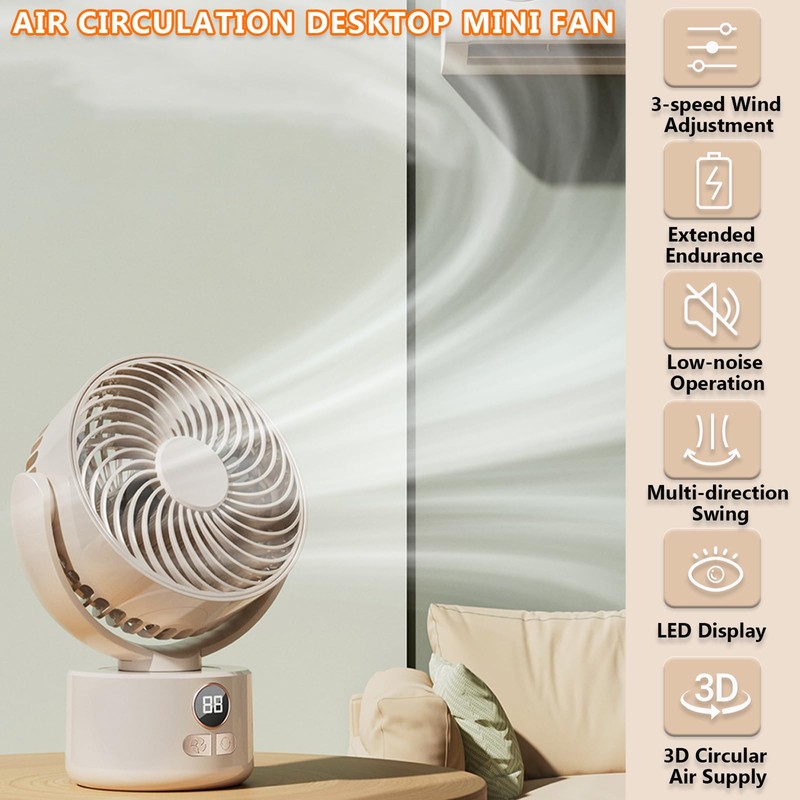 SYBOYEGE 3-Speed USB Desktop Fan with 3600mAh Battery | Quiet