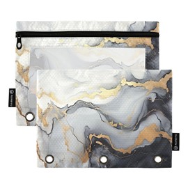Coikll Black White Marble Texture Pencil Pouch Fits Standard 3-Ring Binders, Zipper Binder Pencil Bag with Clear Window for Class Office 2 Pack