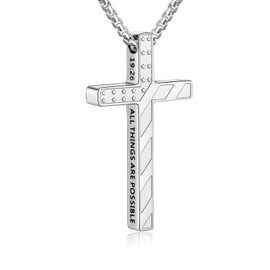 Fiusem Cross Necklace for Men, Inspirational Bible Verse American Flag Cross Chain, Stainless Steel Mens Necklace, 22" Silver Tone Box Chain WITH GOD ALL THINGS ARE POSSIBLE