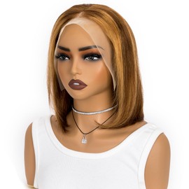 13x4 Bob Straight Human Hair Wig Lace Front Wig 100% Human Hair Pre Plucked with Baby Hair 180% Density Wigs for Black Women Natural Color (4/27 Ombre bob wig human hair, 10 Inch)