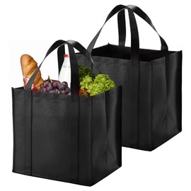 XUHN Reusable Shopping Bag, Black, Pack of 2, 38 x 35 x 25 cm, Sturdy Shopping Basket, Foldable, Large and Lightweight with Carry Handles and Small Hook for Shopping, Picnic, Camping