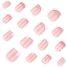 24Pcs Short Press on Nails French Tip Square Fake Nails with Glitter White Leaf Design Glue on Nails Pink Acrylic Nails Full Cover Cute False Nails Glossy Stick on Nails for Women Nail Decor