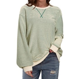 SHEWIN Womens Fall Fashion 2024 Crewneck Sweatshirts Color Block Sweatshirt for Women Long Sleeve Shirts Pullover Tunic Cute Tops Green Stripe XLarge