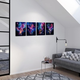 KREATIVE ARTS Watercolor DNA Helix Art Canvas Set of 4 Abstract Science Prints with Mystical Starry Background Framed Genetics Wall Art for Classroom Decor