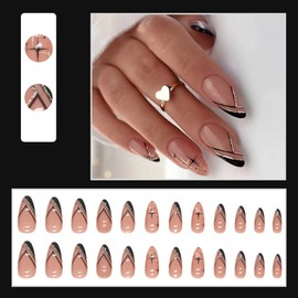 Press on Nails Almond Medium Fake Nails French False Nails with Black Line Design Glossy Glue on Nails Glitter Star Full Cover Stick on Nails Artificial Acrylic Nails for Women Fall Manicure 24Pcs