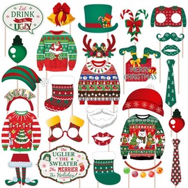 Dusenly 28pcs Ugly Sweater Photo Booth Props Funny Xmas Props Selfie Accessories for Adults Kids Christmas Ugly Sweater Themed Party Decorations