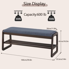 Achicsofar Shoe Rack Entryway Shoe Storage Bench, End of Bed Bench with 2 Tier, 39.4'' Wooden Storage Ottoman Bench with Cushion for Living Room, Bedroom, Hallway (Blue)
