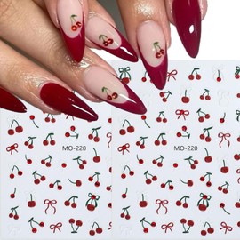 5D Cherry Nail Art Stickers Decals - 2 Sheets Spring Nail Cherry Designs with Embossed Crystals Manicure Decals Accessories Fruit Nail Stickers Adhesive Slider for Women DIY Nail Decorations