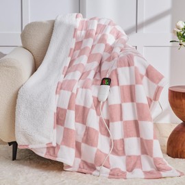 Light Pink Heated Blanket Electric Throw, 50X60 Heating Blanket with 10 Heat Levels & 8 Hours Auto Off for Lap, Checkered Plaid Soft Sherpa Blankets Warmer Gifts for Couch Grandma Women Adults, ETL