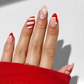 24Pcs Christmas French Tip Press on Nails Medium Almond Fake Nails Glossy Snowflake Acrylic Nails Red White Strip False Nails Xmas Bow Hat Glue on Nails Winter Artificial Nails for Women and Girls