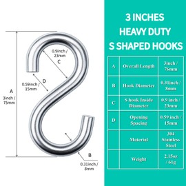 TNDCKP 3 Inch 304 Stainless Steel Heavy Duty S Hooks - 2 PCS Large Metal S Hook for Hanging Plants, Hammocks & Utility Use Indoor Outdoor - 550lbs Static Load Capacity (2)